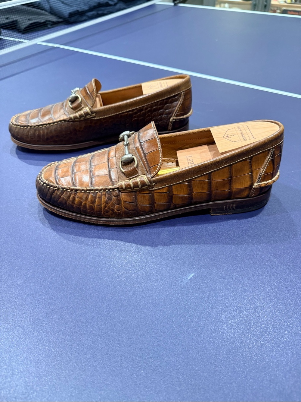 Martin Dingman Brown Croc-Embossed Leather Bit Loafers
